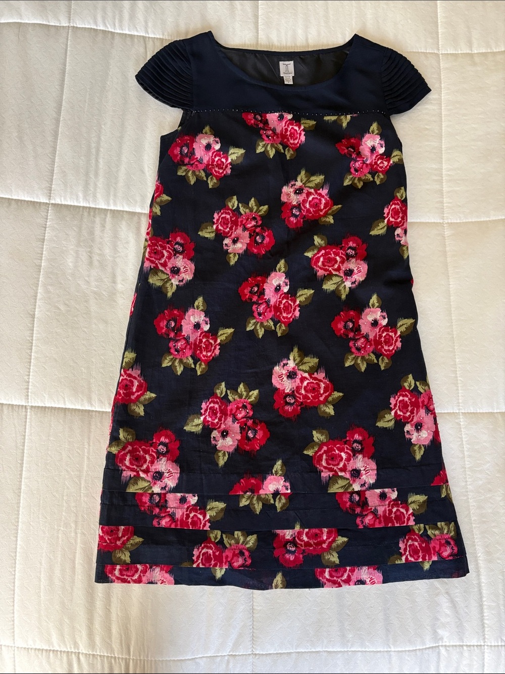 Tristan - Navy Floral A-Line Cotton Dress with Pink & Red Roses